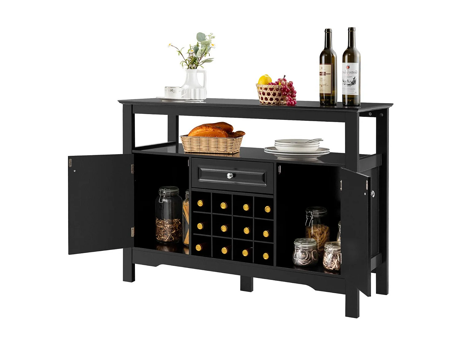 Keukendressoir met wijnrek en 2 kasten voor eetkamer 117 x 40,5 x 82,5 cm Zwart