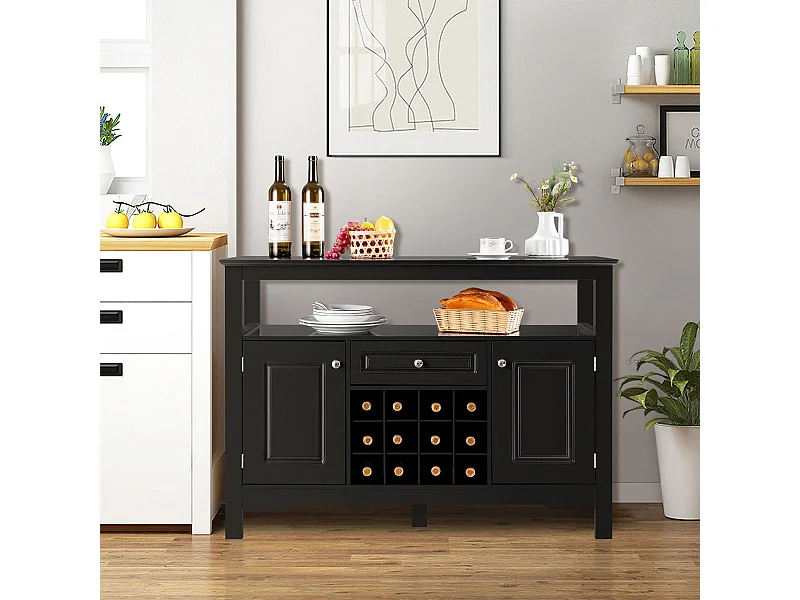 Buffet de cuisine avec casier à vin et 2 armoires pour salle à manger 117 x 40,5 x 82,5 cm Noir