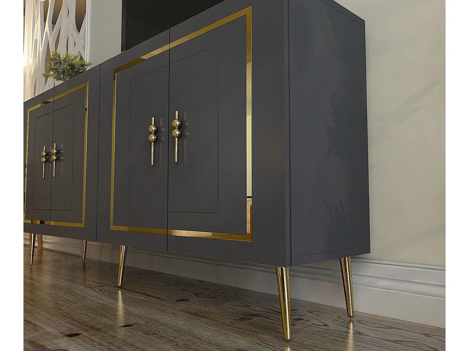 Credenza in pannello di particelle rivestito in melaminico 100% – 150 cm x 75 cm x 35 cm – Antracite e Oro