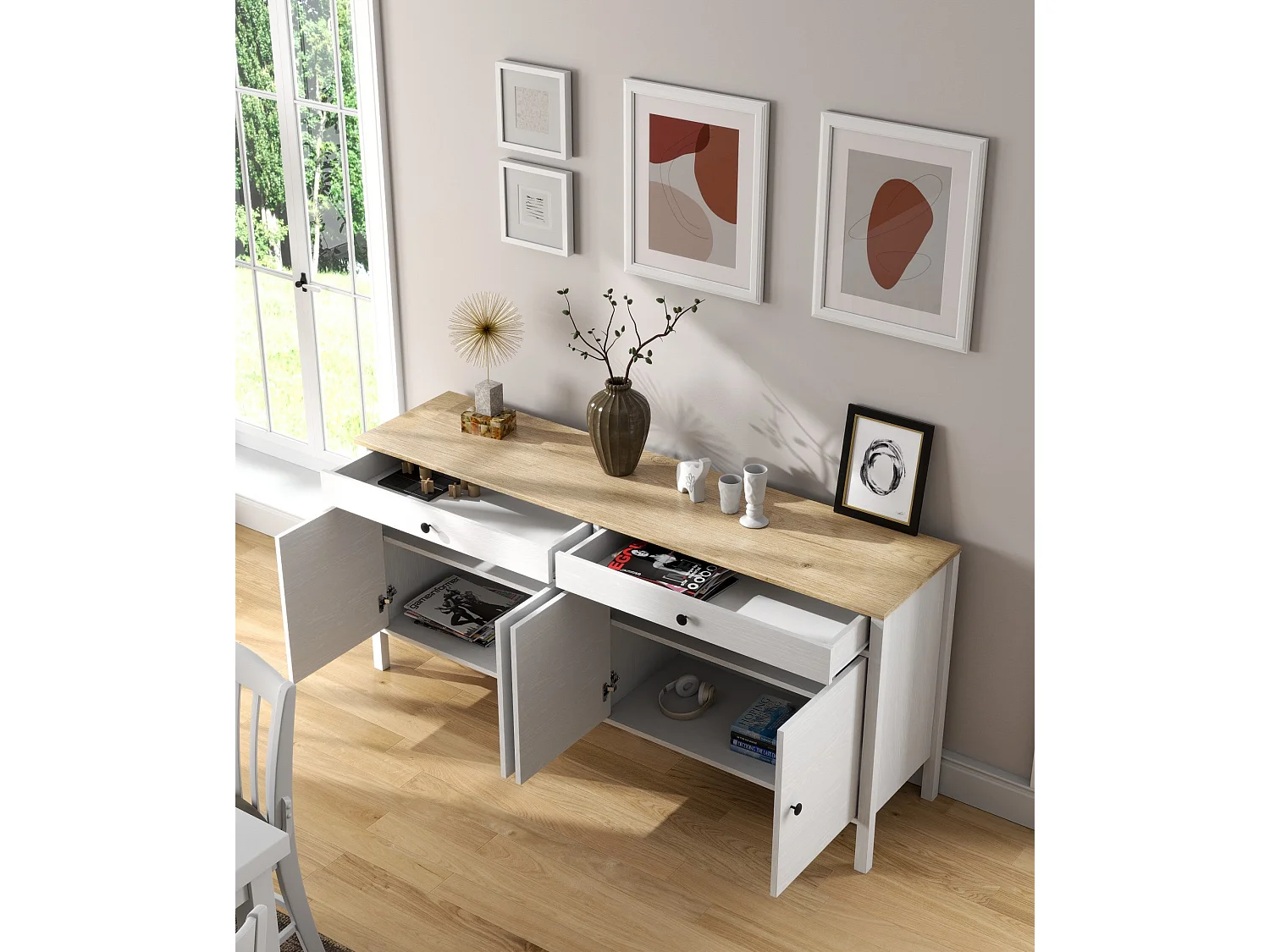 Aparador de madeira – 180 cm x 82 cm x 44 cm – Branco – Aglomerado revestido em melamina