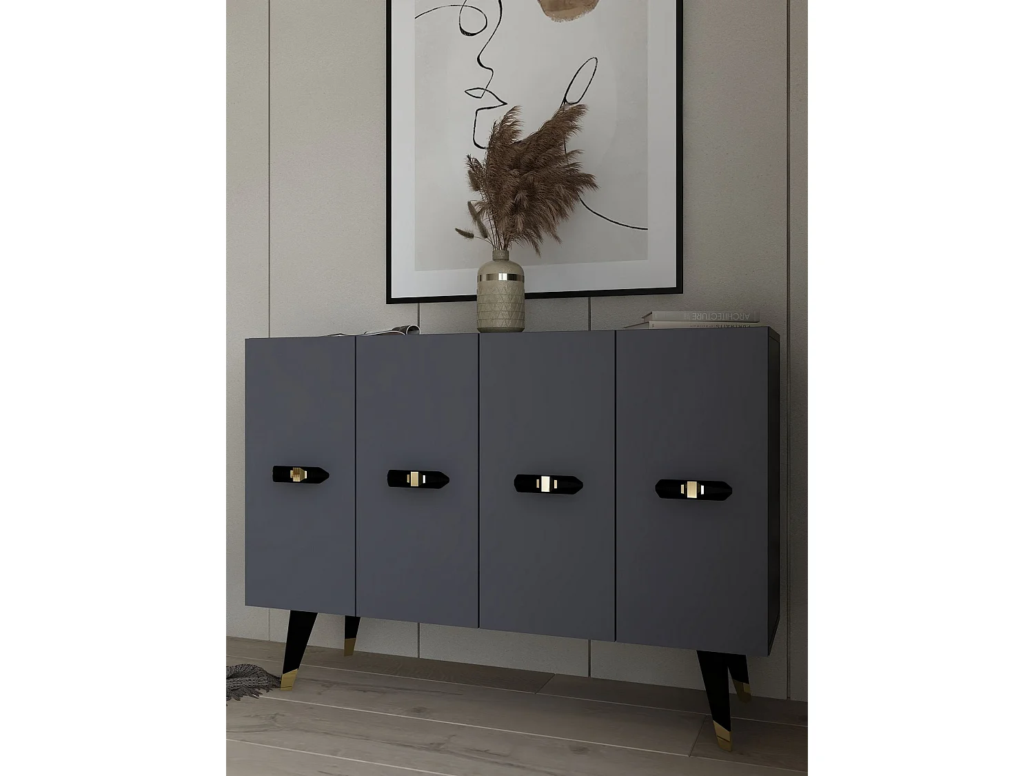 Buffet – 120 cm x 80 cm x 29,6 cm – Or et Anthracite – Panneau de particules mélaminé