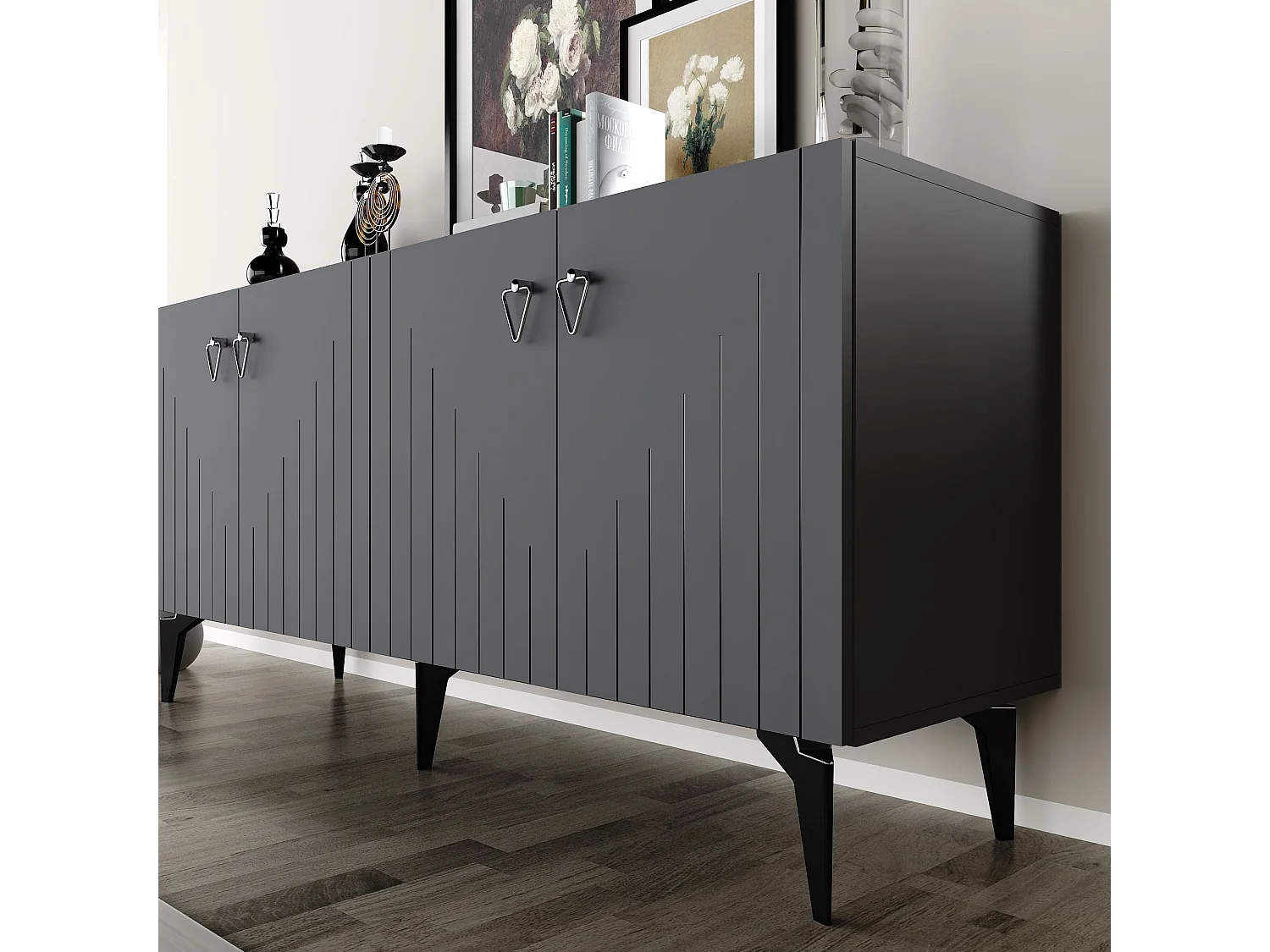 Buffet en aggloméré mélaminé – 150 cm x 79 cm x 40 cm – Anthracite et argent