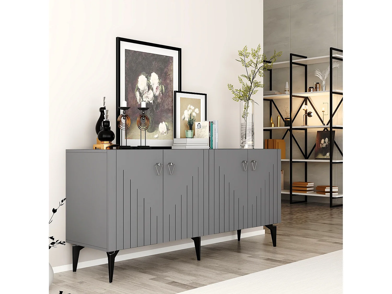 Buffet en aggloméré mélaminé – 150 cm x 79 cm x 40 cm – Anthracite et argent