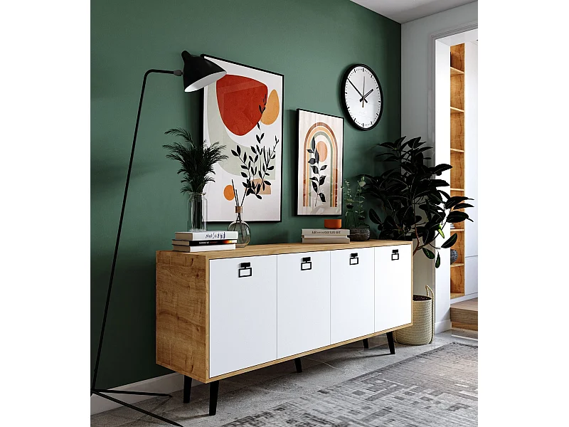 Sideboard – 180 cm – Saphireiche und Weiß – Melaminbeschichtete Spanplatte