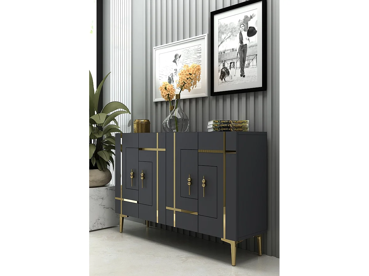 Komoda – 120 cm x 80 cm x 29,6 cm – Antracyt i złoto – Płyta wiórowa pokryta melaminą