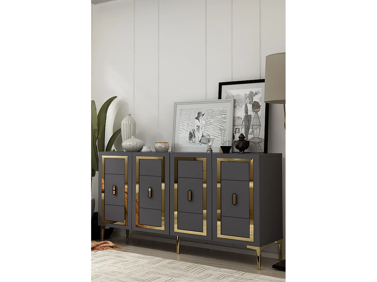 Komoda – 150 cm x 75 cm x 35 cm – Antracyt i złoto – Płyta wiórowa