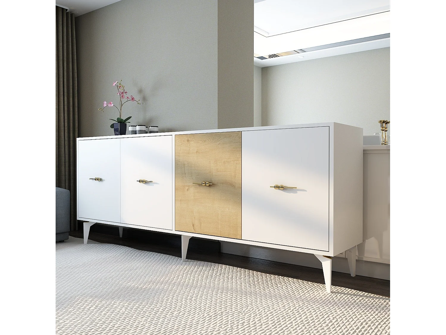Sideboard – 180 cm – Weiß und Saphireiche – Melaminbeschichtete Spanplatte