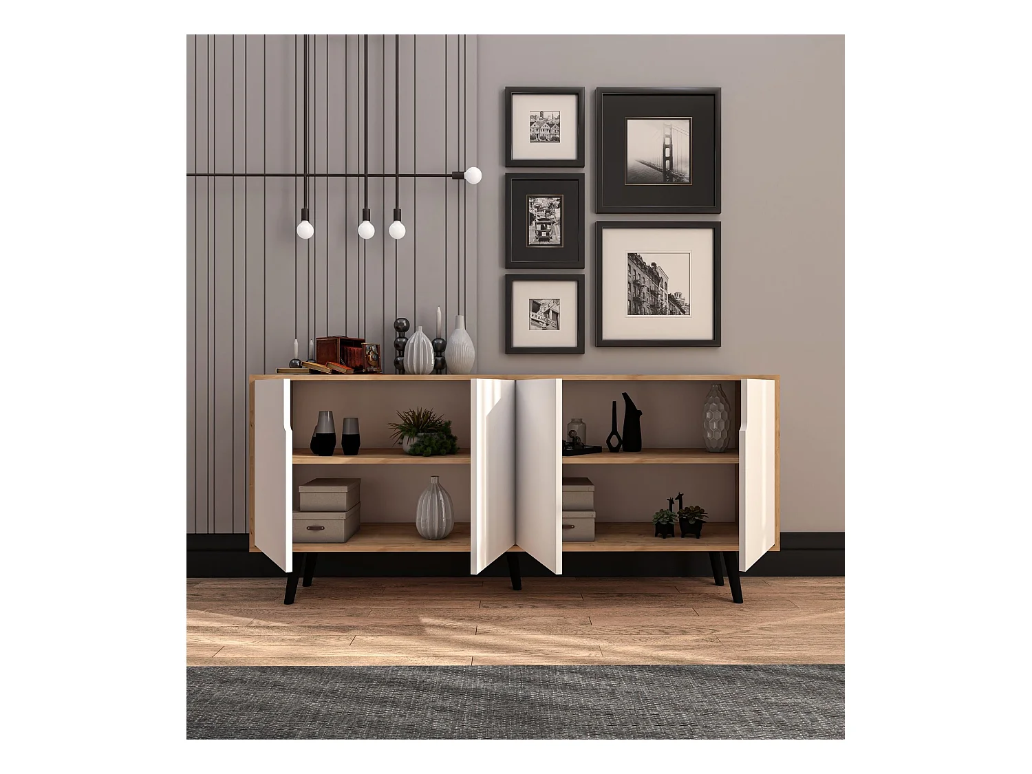 Buffet en aggloméré mélaminé – 180 cm x 80 cm x 45 cm – Chêne saphir et blanc