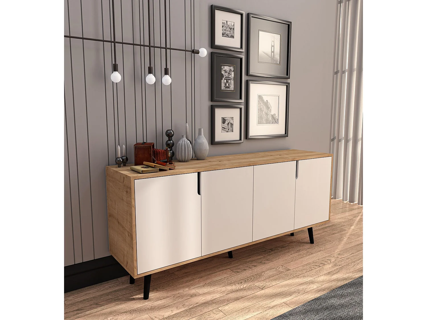 Aparador de aglomerado revestido de melamina – 180 cm x 80 cm x 45 cm – Roble zafiro y blanco