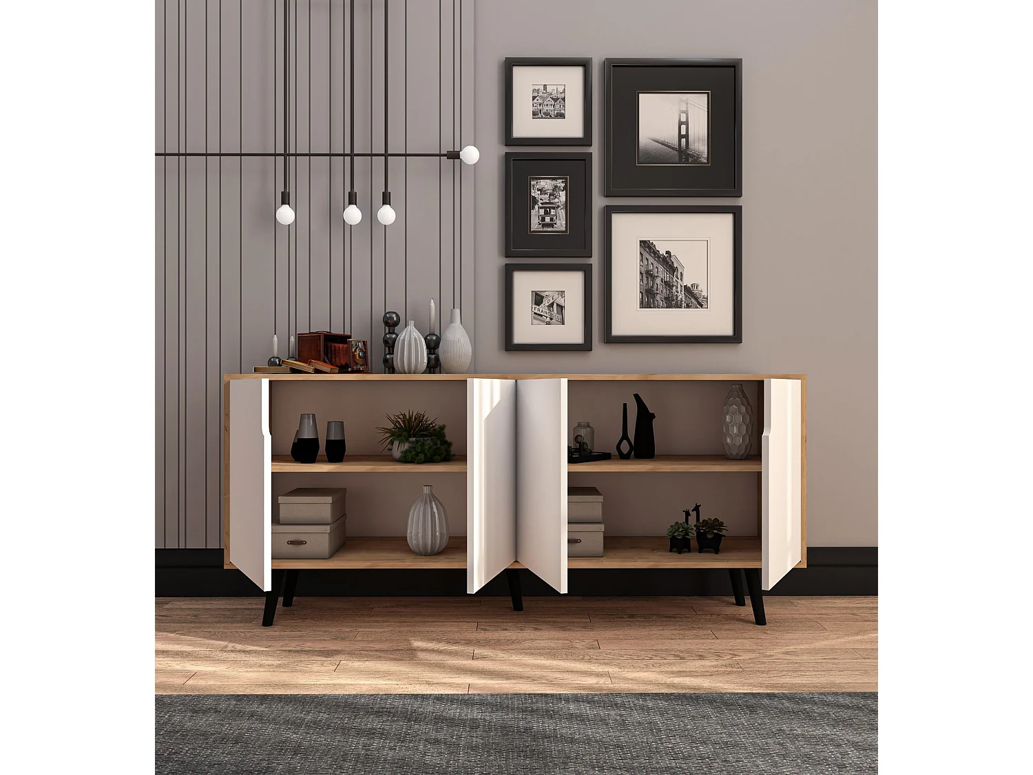 Aparador de aglomerado revestido de melamina – 180 cm x 80 cm x 45 cm – Roble zafiro y blanco