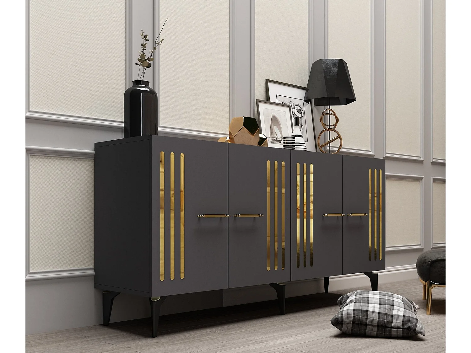 Komoda – 150 cm x 79 cm x 40 cm – Antracyt i złoto – Płyta wiórowa