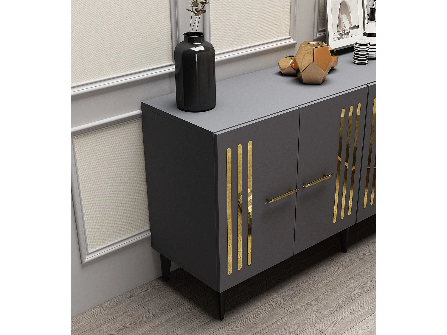 Komoda – 150 cm x 79 cm x 40 cm – Antracyt i złoto – Płyta wiórowa