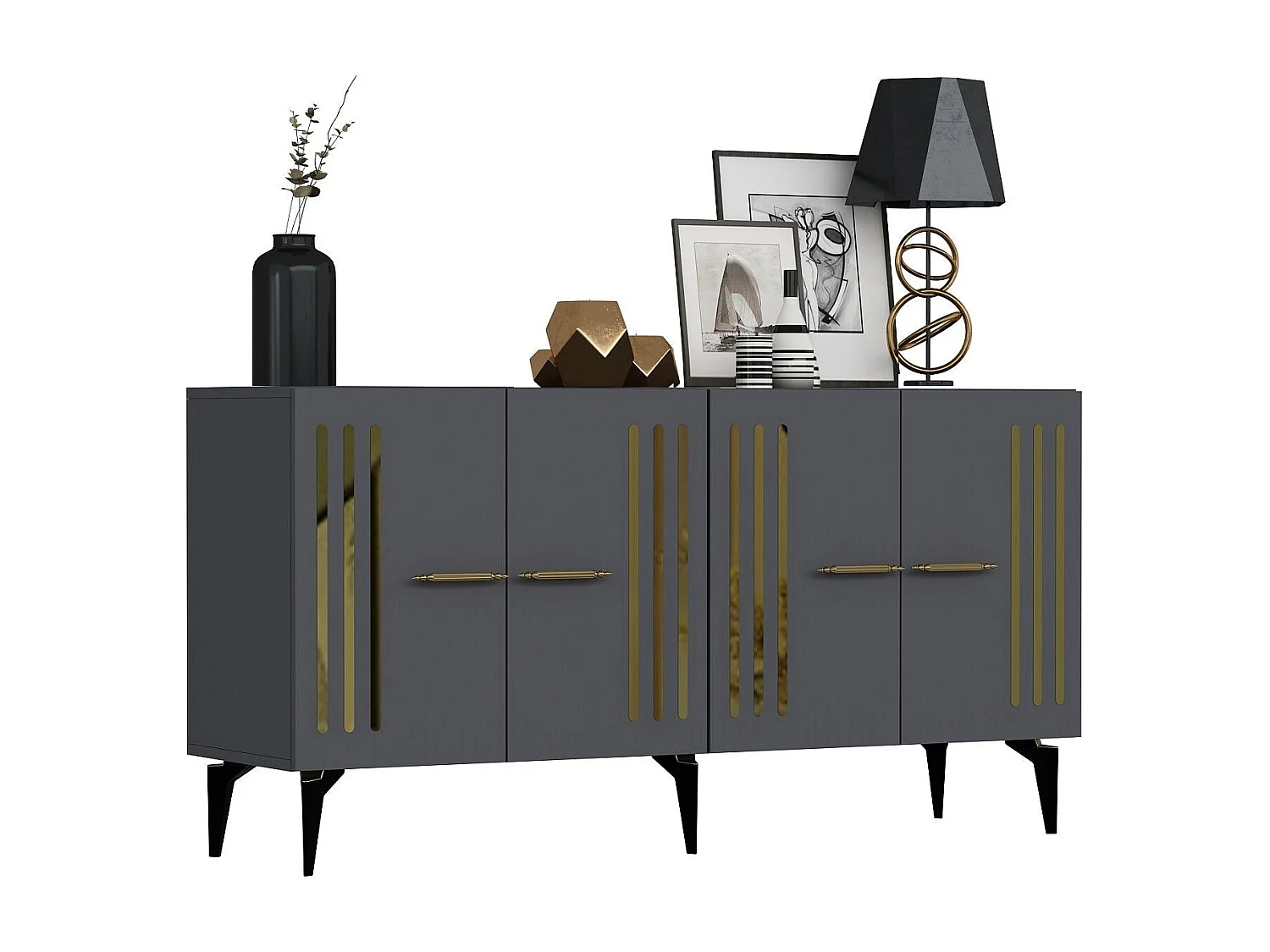 Komoda – 150 cm x 79 cm x 40 cm – Antracyt i złoto – Płyta wiórowa