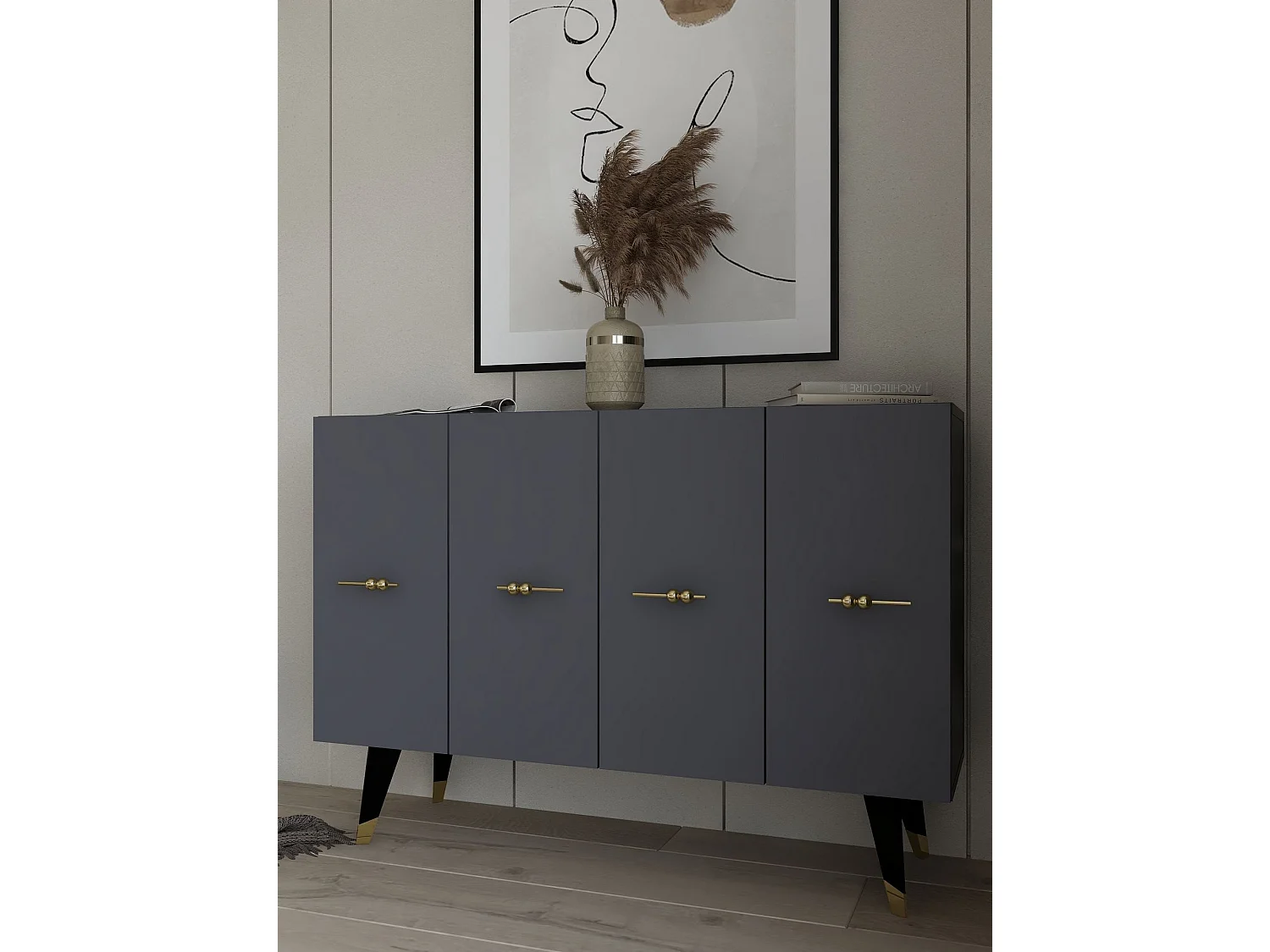 Buffet – 120 cm x 80 cm x 29,6 cm – Or et Anthracite – Panneau de particules mélaminé