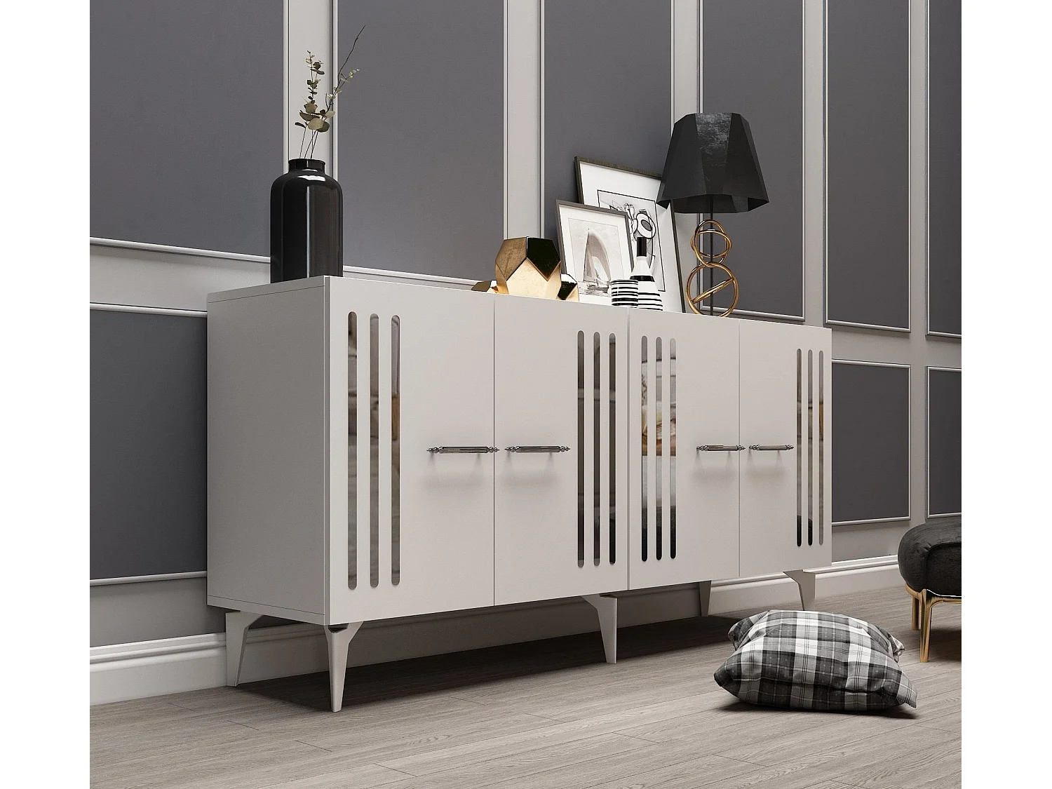 Buffet – 150 cm – Blanc/Argent – ​​Panneau de particules mélaminé