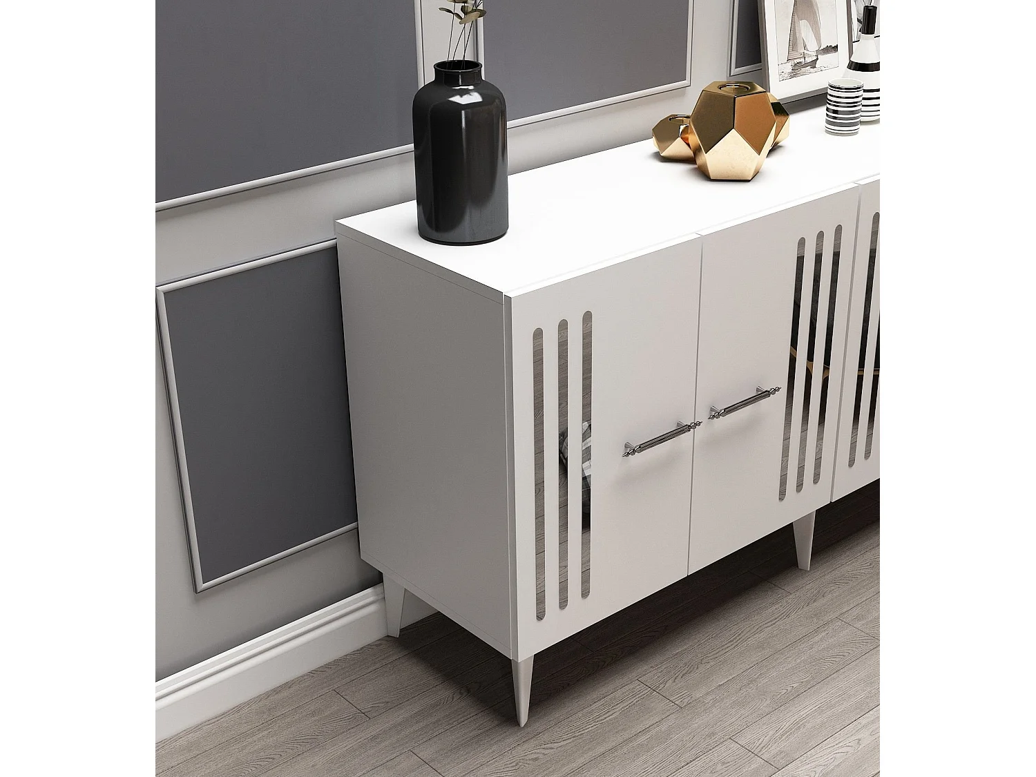 Buffet – 150 cm – Blanc/Argent – ​​Panneau de particules mélaminé