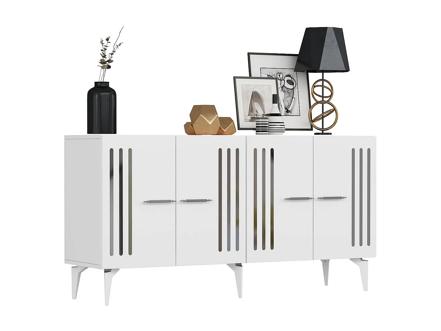 Buffet – 150 cm – Blanc/Argent – ​​Panneau de particules mélaminé