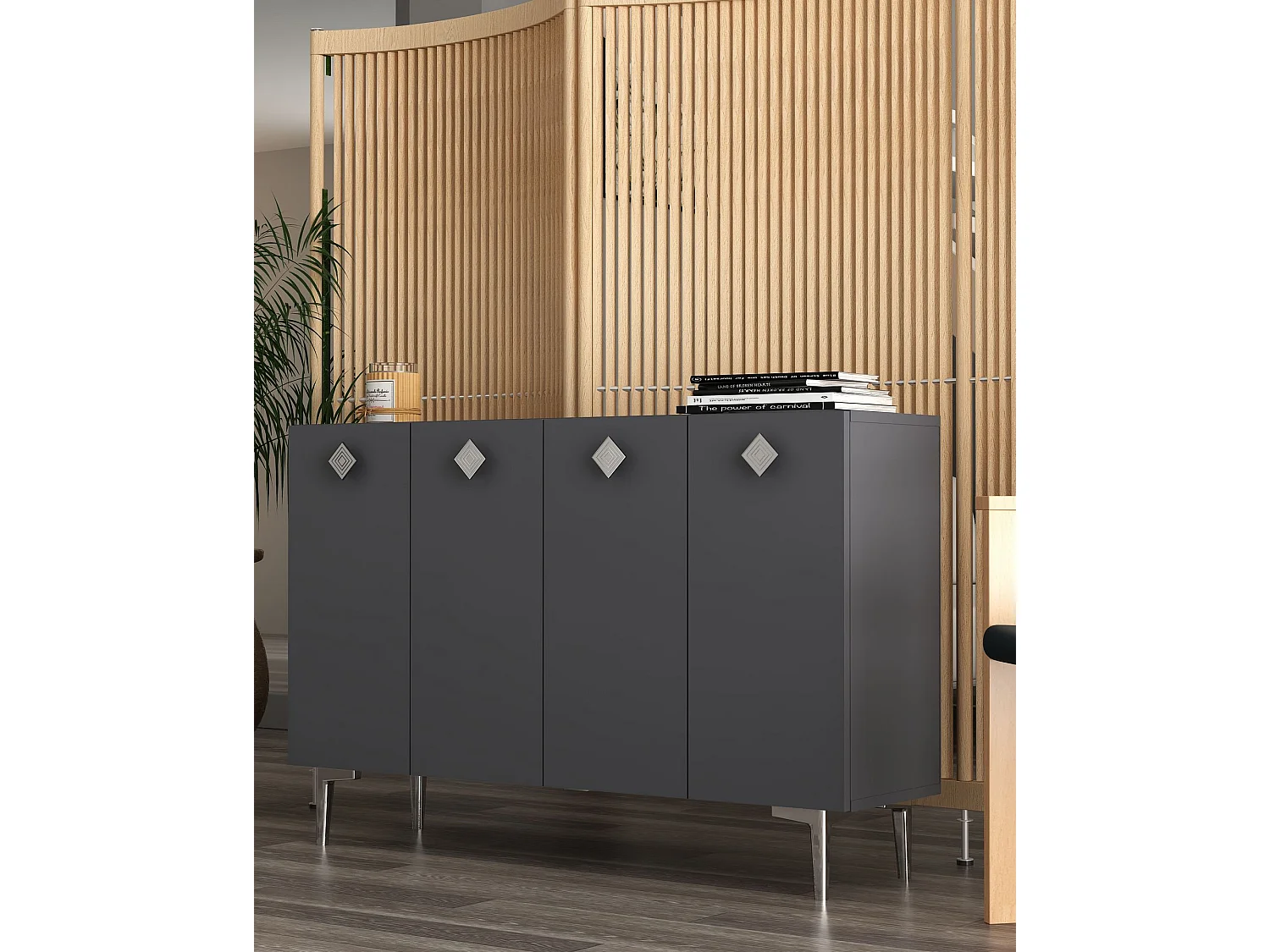 Komoda z płyty MDF pokrytej melaminą – 120 cm x 80 cm x 29,6 cm – antracyt i srebro