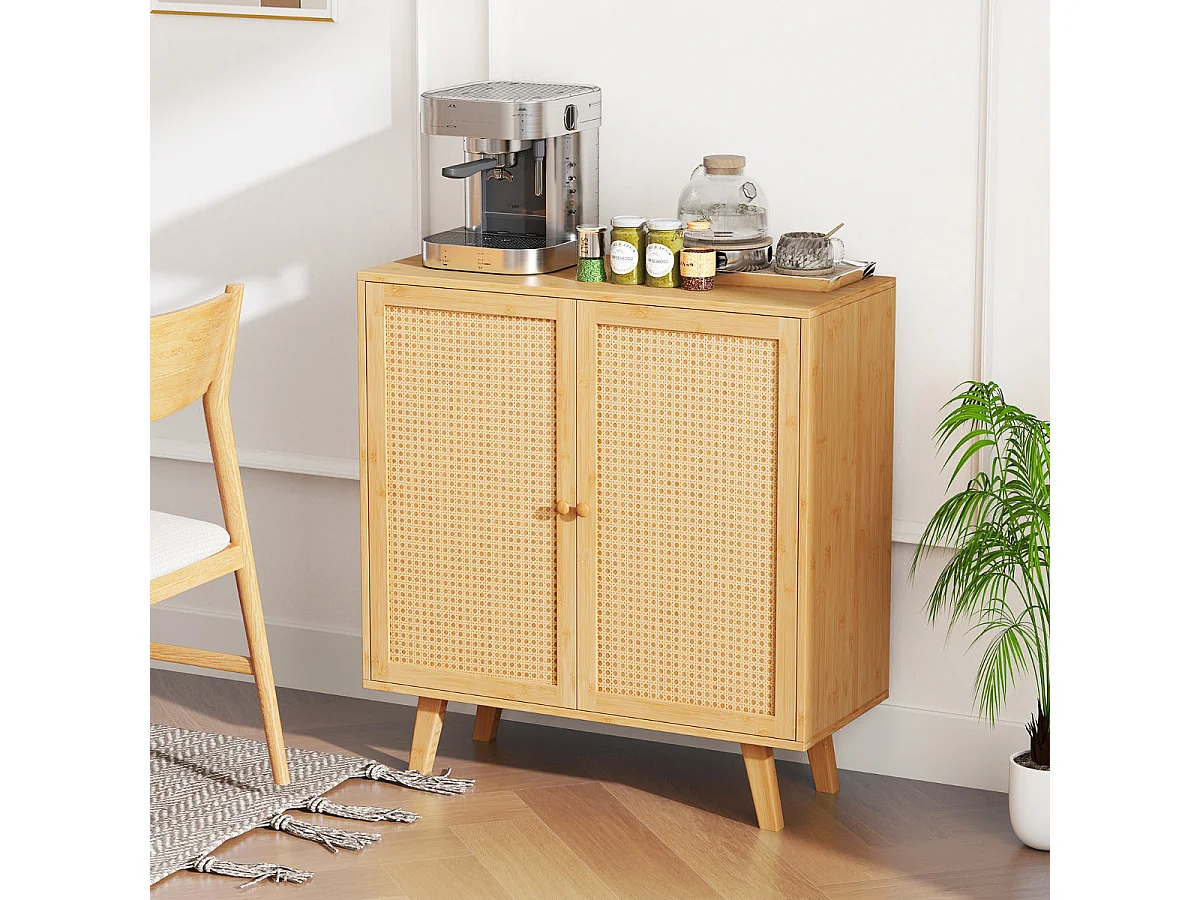 Küchen-Sideboard aus Bambus mit 2 Rattantüren, 80 x 34,5 x 85 cm, Naturfarbe