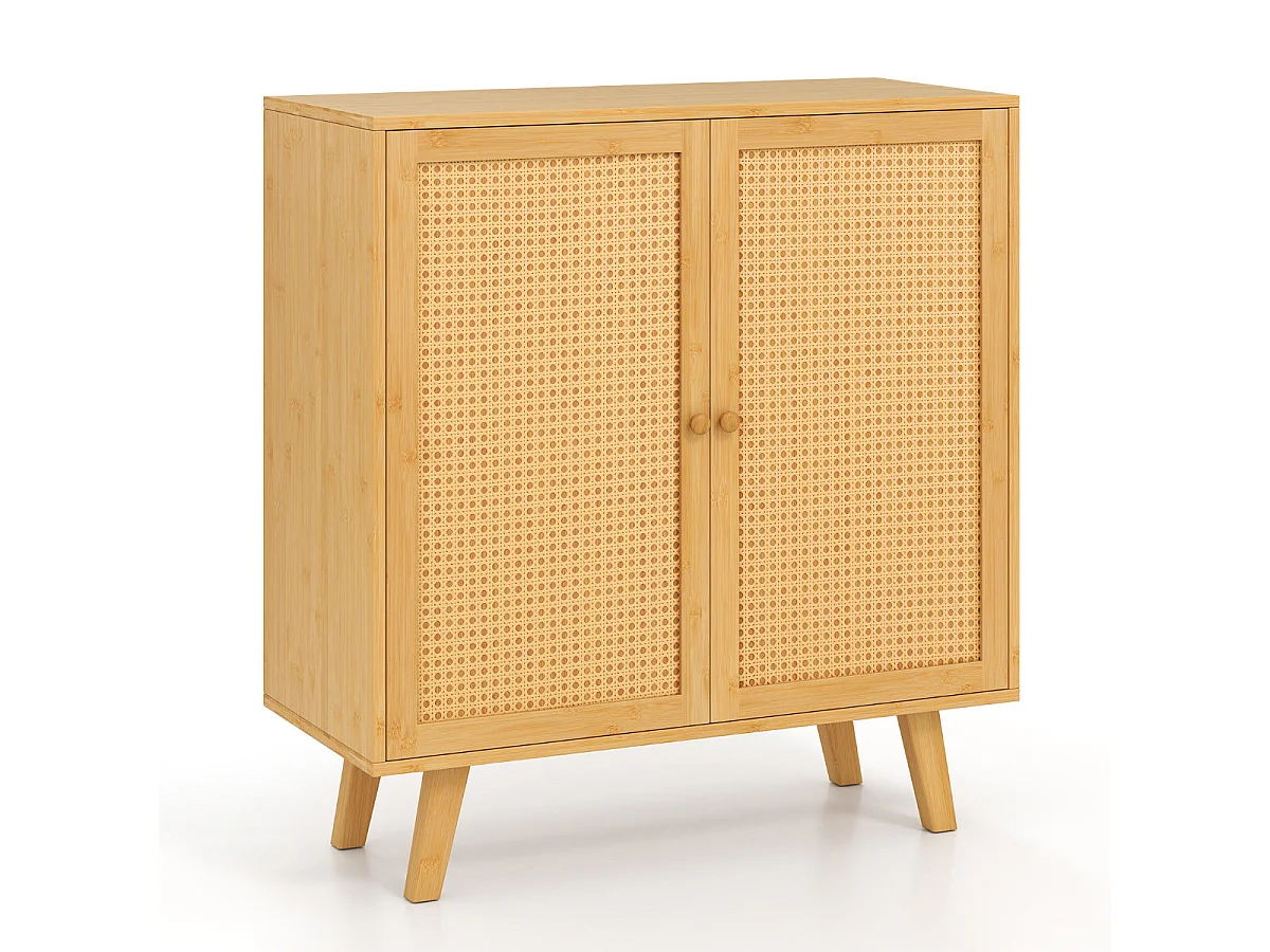 Küchen-Sideboard aus Bambus mit 2 Rattantüren, 80 x 34,5 x 85 cm, Naturfarbe