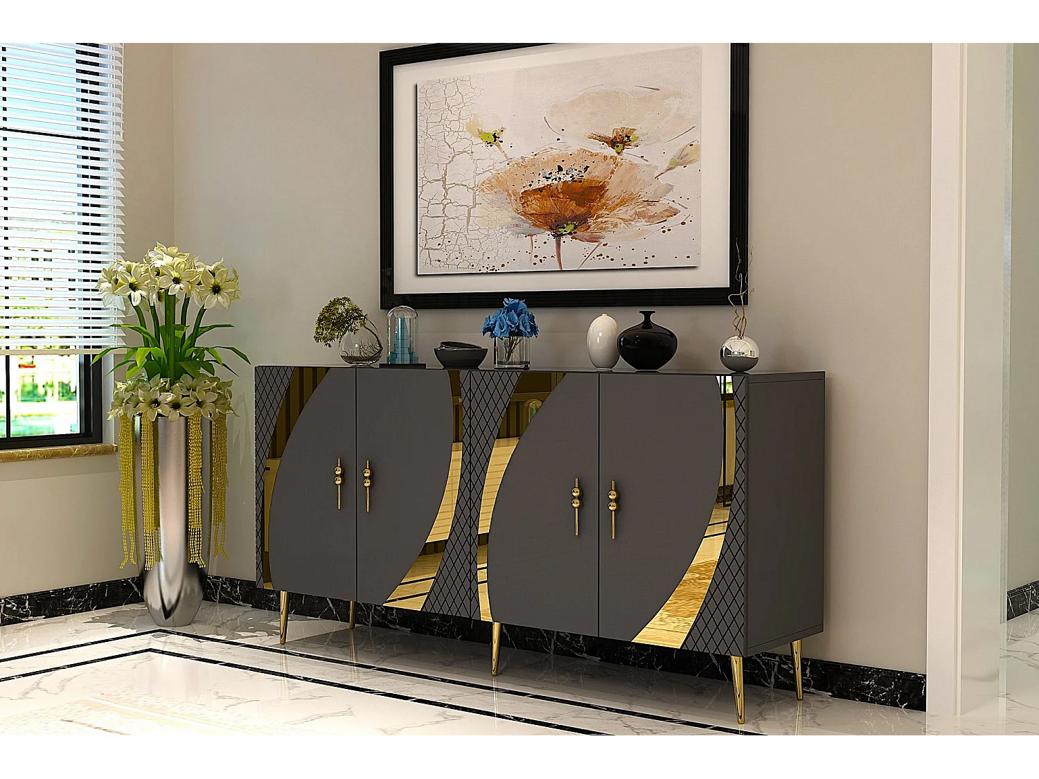 Buffet – 150 cm – Anthracite et Or – Panneaux de particules