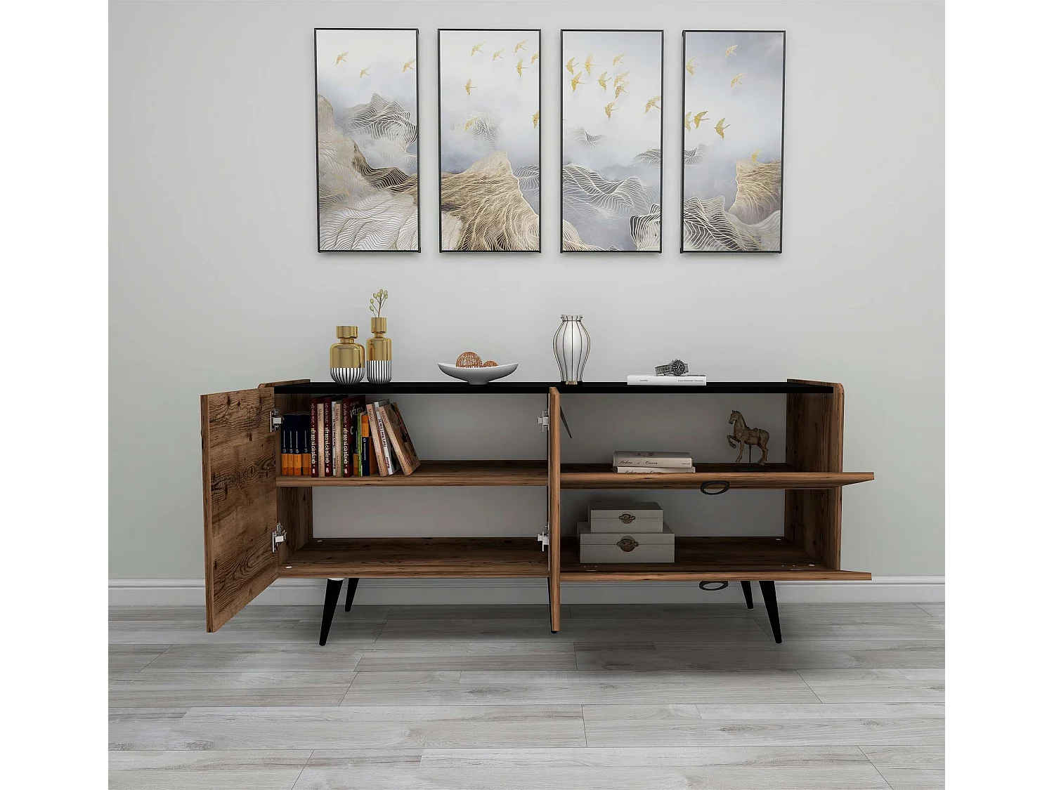 Dressoir – 62,9x75x40 cm – Walnoot en Zwart – Spaanplaat