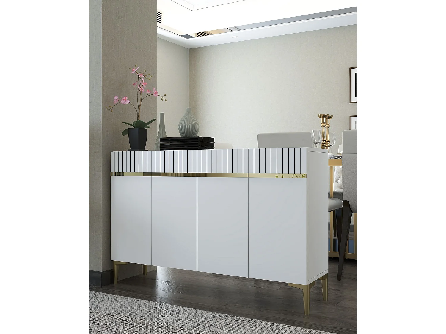Credenza – 120 cm x 80 cm – Bianco e oro – Pannello truciolare rivestito in melaminico
