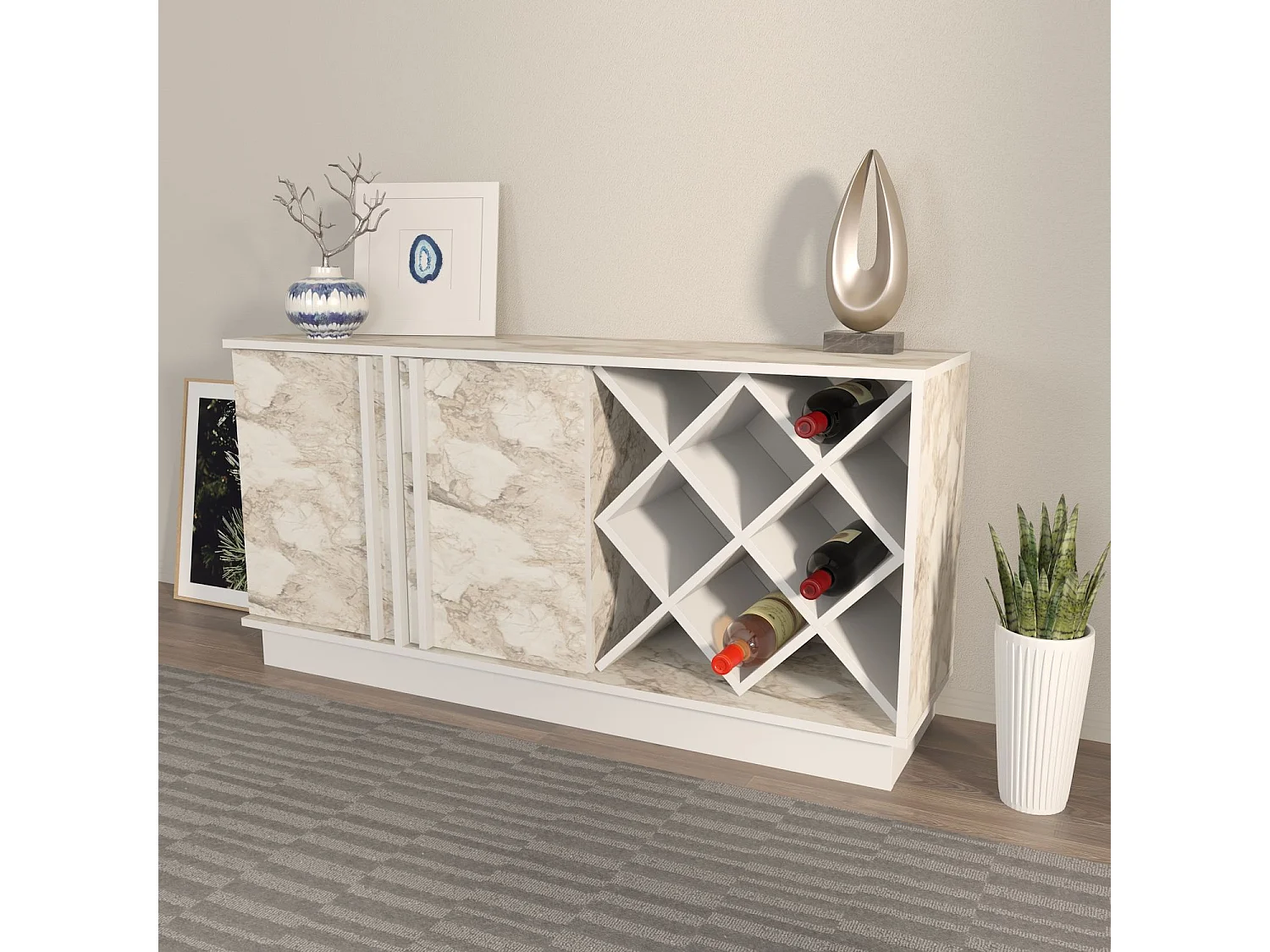 Buffet – 148 cm x 70 cm x 40 cm – Blanc et Éphèse – MDF