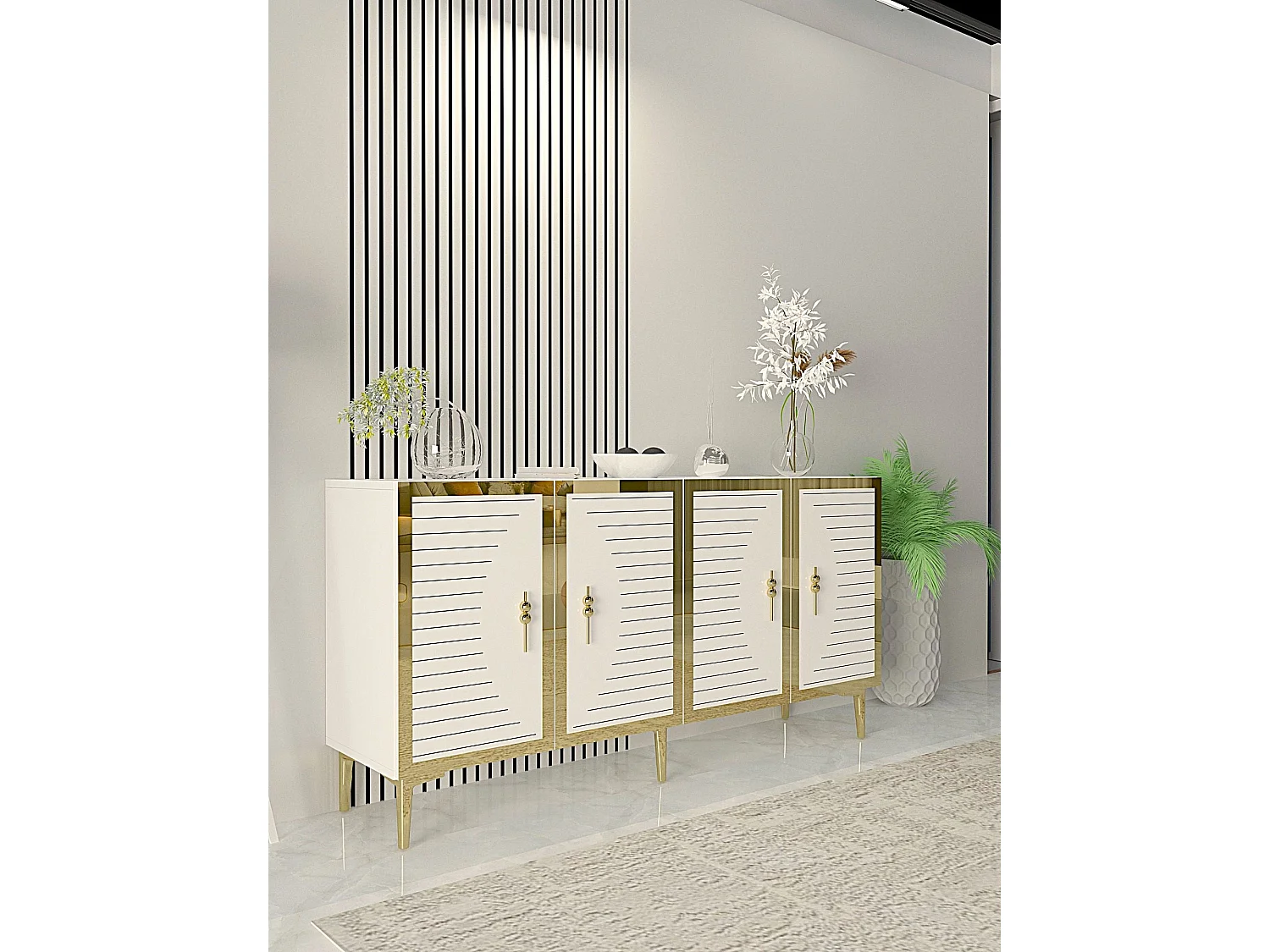 Sideboard – 150 cm x 75 cm x 32 cm – Weiß und Gold – MDF