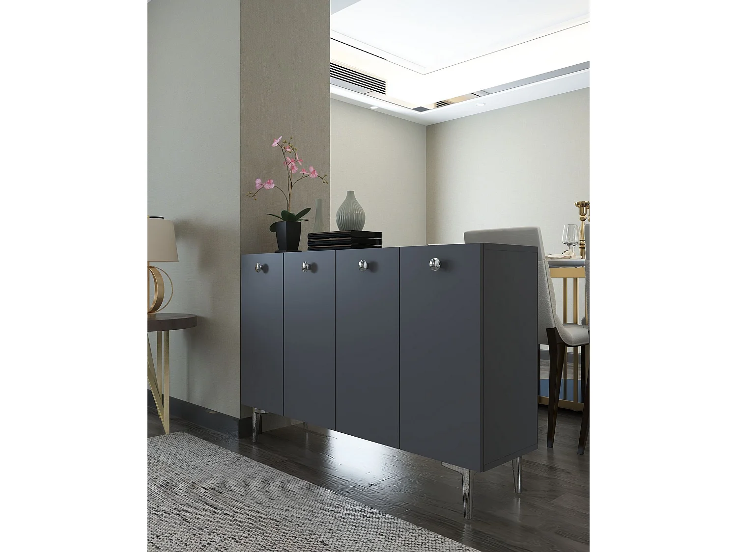 Komoda – 120 cm x 80 cm x 29,6 cm – antracyt i srebro – płyta MDF