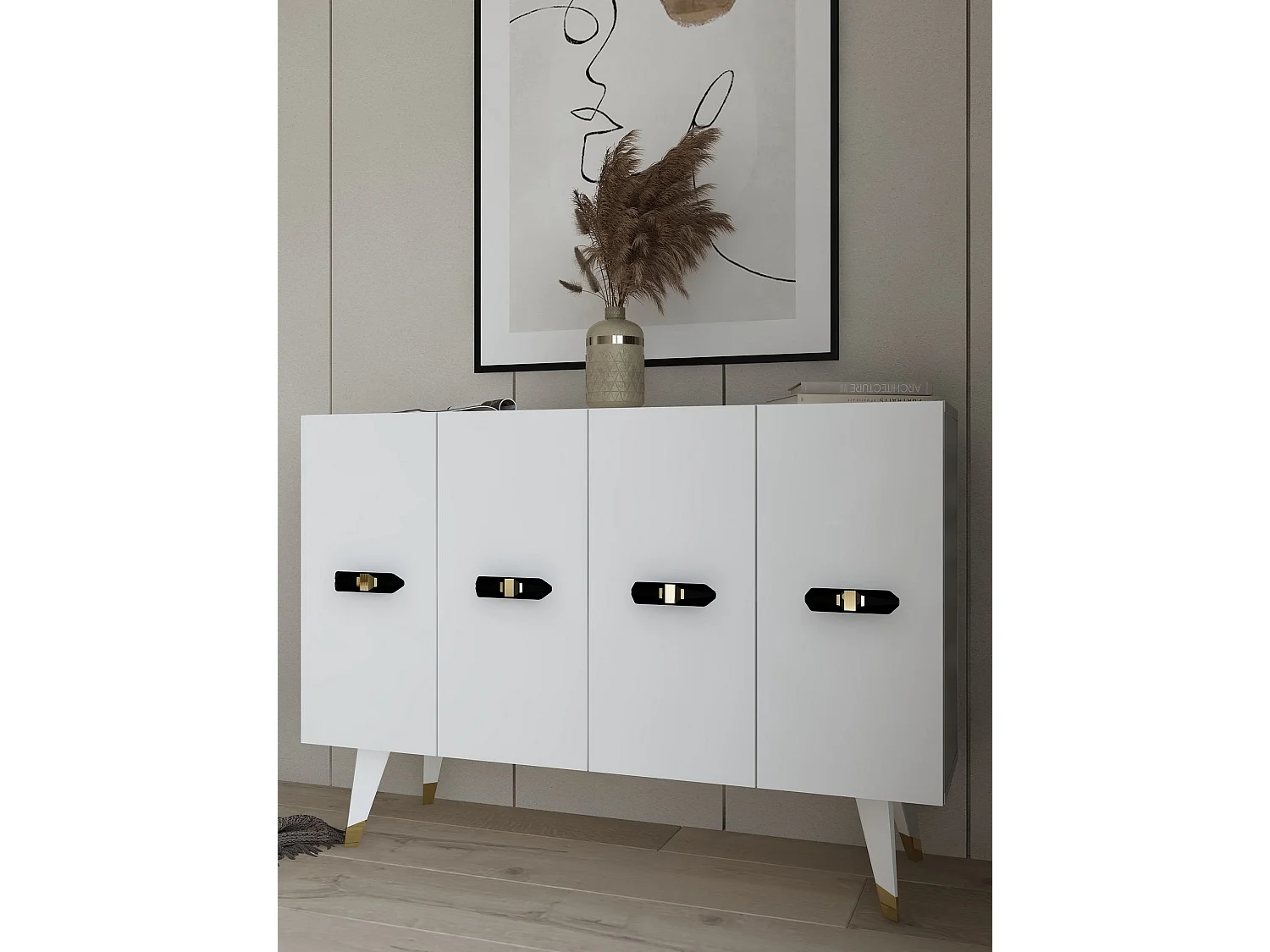 Buffet – 120 cm x 80 cm x 29,6 cm – Or et Blanc – panneaux de particules