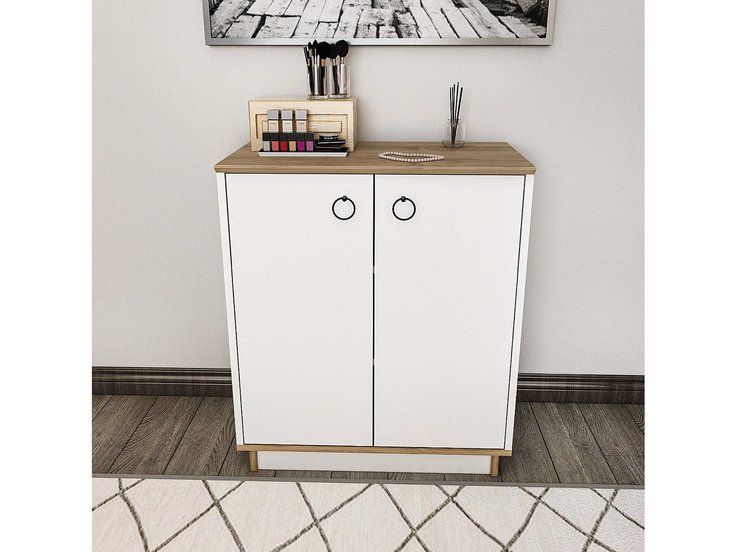 Buffet élégant blanc et noyer, 72 cm x 83,1 cm x 42 cm | Panneau de particules 100 % mélaminé, épaisseur 18 mm | Idéal pour les espaces modernes