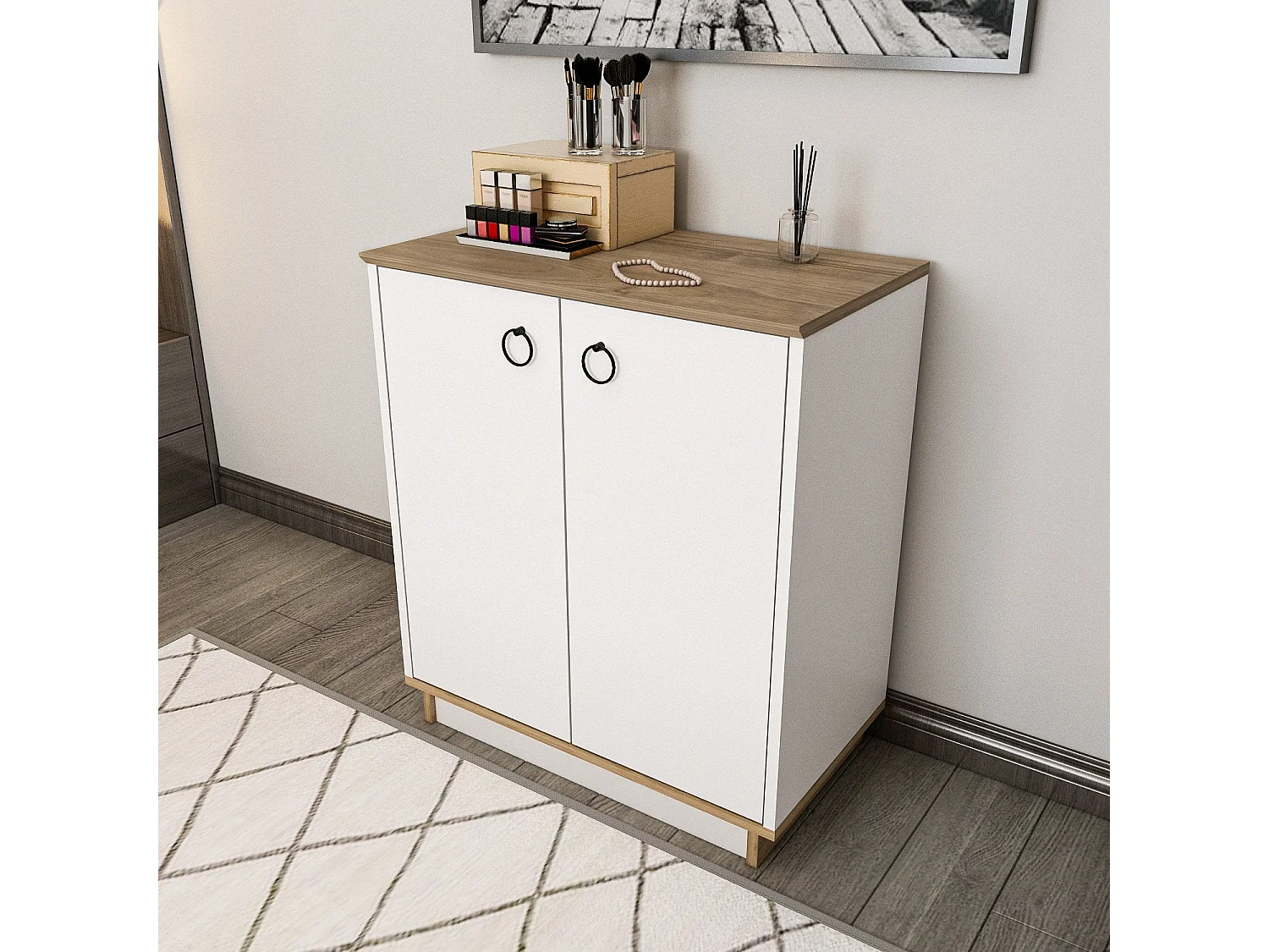 Buffet élégant blanc et noyer, 72 cm x 83,1 cm x 42 cm | Panneau de particules 100 % mélaminé, épaisseur 18 mm | Idéal pour les espaces modernes