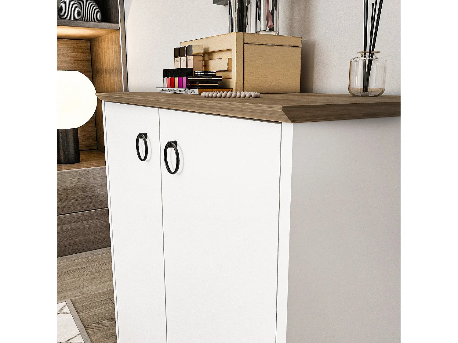 Buffet élégant blanc et noyer, 72 cm x 83,1 cm x 42 cm | Panneau de particules 100 % mélaminé, épaisseur 18 mm | Idéal pour les espaces modernes