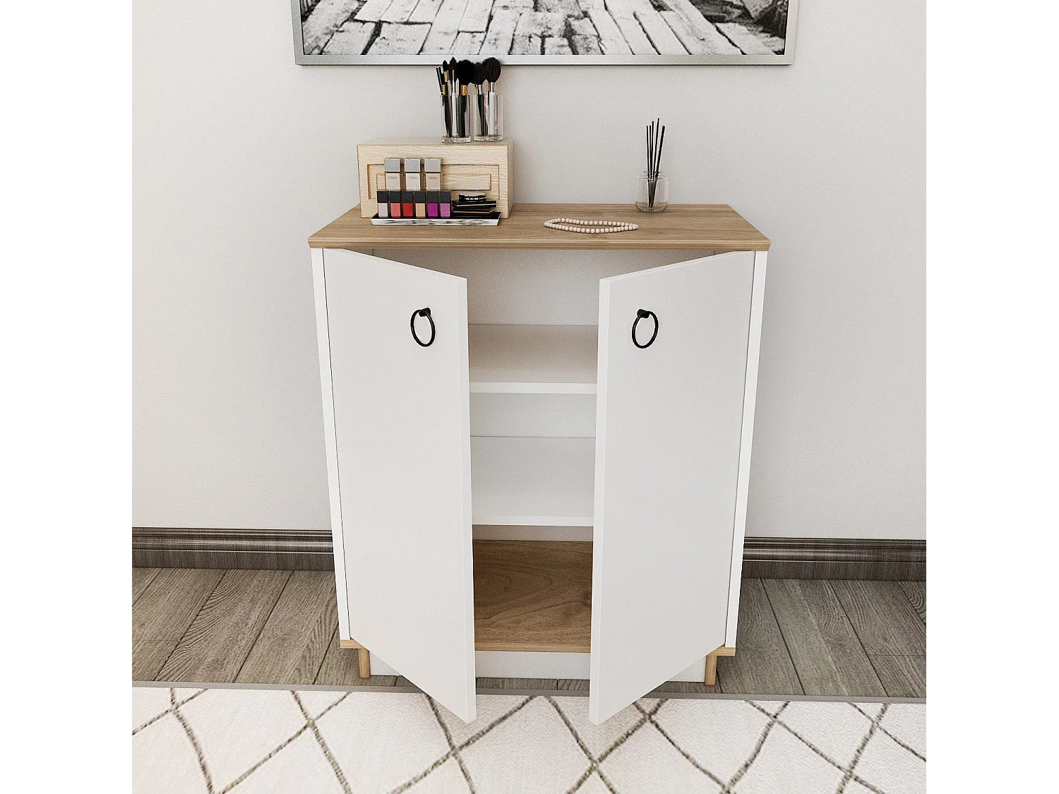 Buffet élégant blanc et noyer, 72 cm x 83,1 cm x 42 cm | Panneau de particules 100 % mélaminé, épaisseur 18 mm | Idéal pour les espaces modernes