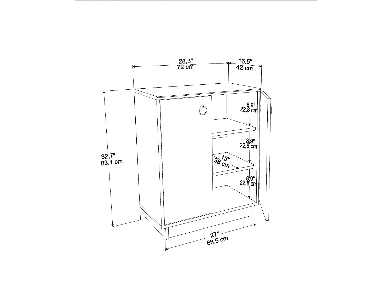 Buffet élégant blanc et noyer, 72 cm x 83,1 cm x 42 cm | Panneau de particules 100 % mélaminé, épaisseur 18 mm | Idéal pour les espaces modernes