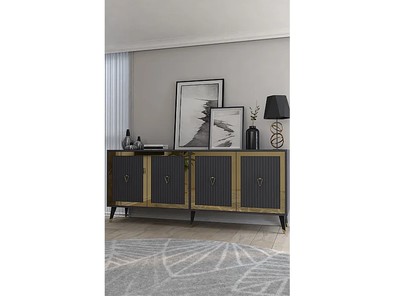 Komoda – 180 cm x 78,6 cm x 35 cm – Antracyt i złoto – Płyta wiórowa pokryta melaminą