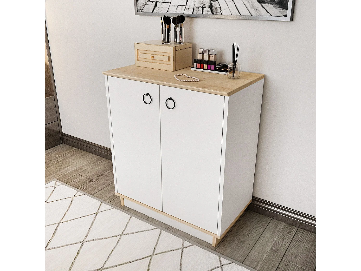 Buffet élégant blanc et chêne, 72 cm x 83,1 cm x 42 cm | Panneau de particules 100 % mélaminé, épaisseur 18 mm | Idéal pour les salons et couloirs mod
