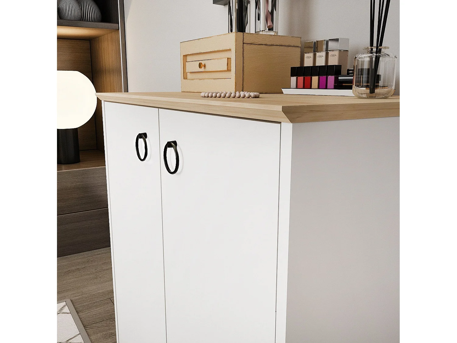 Buffet élégant blanc et chêne, 72 cm x 83,1 cm x 42 cm | Panneau de particules 100 % mélaminé, épaisseur 18 mm | Idéal pour les salons et couloirs mod