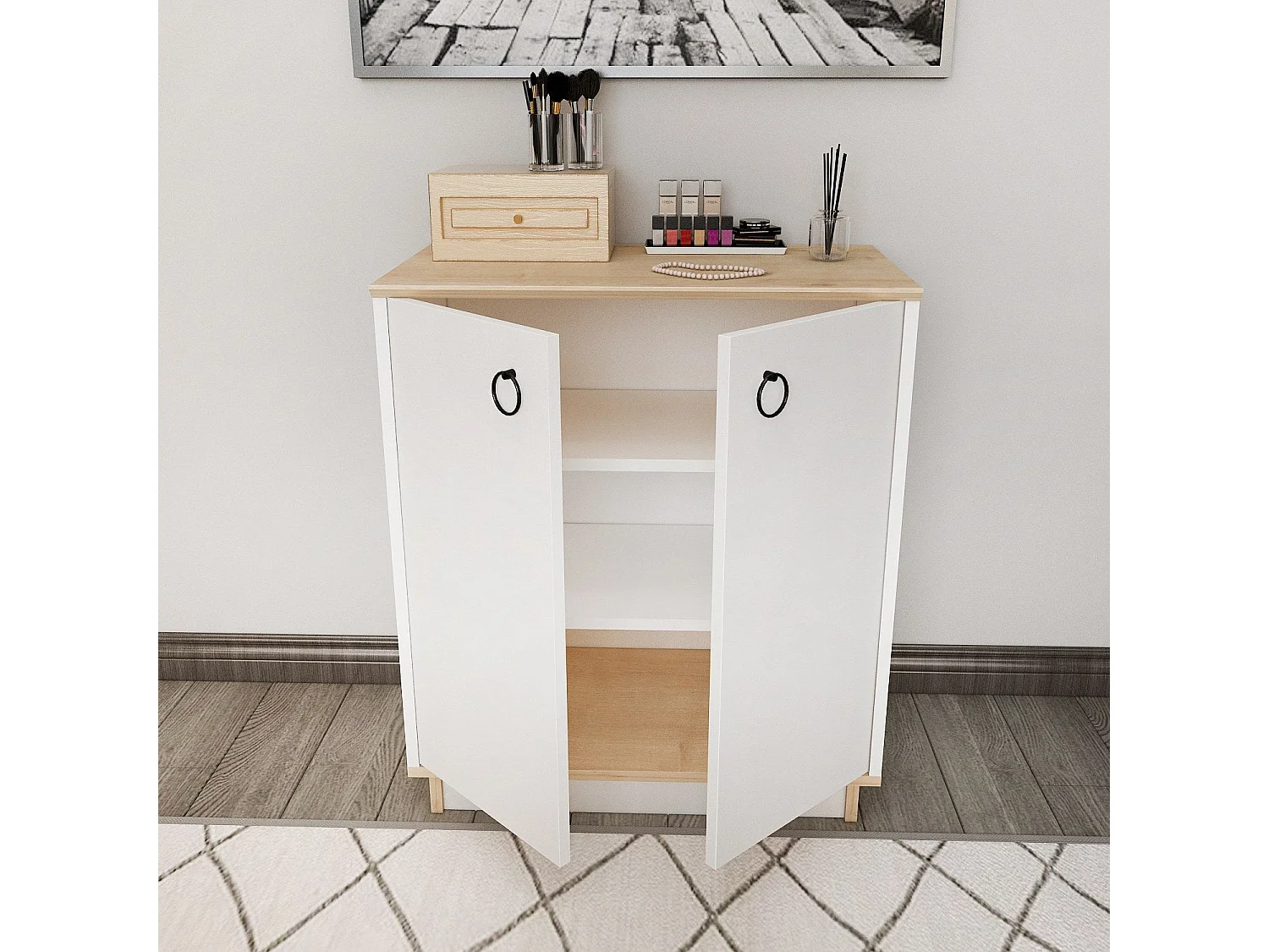 Buffet élégant blanc et chêne, 72 cm x 83,1 cm x 42 cm | Panneau de particules 100 % mélaminé, épaisseur 18 mm | Idéal pour les salons et couloirs mod