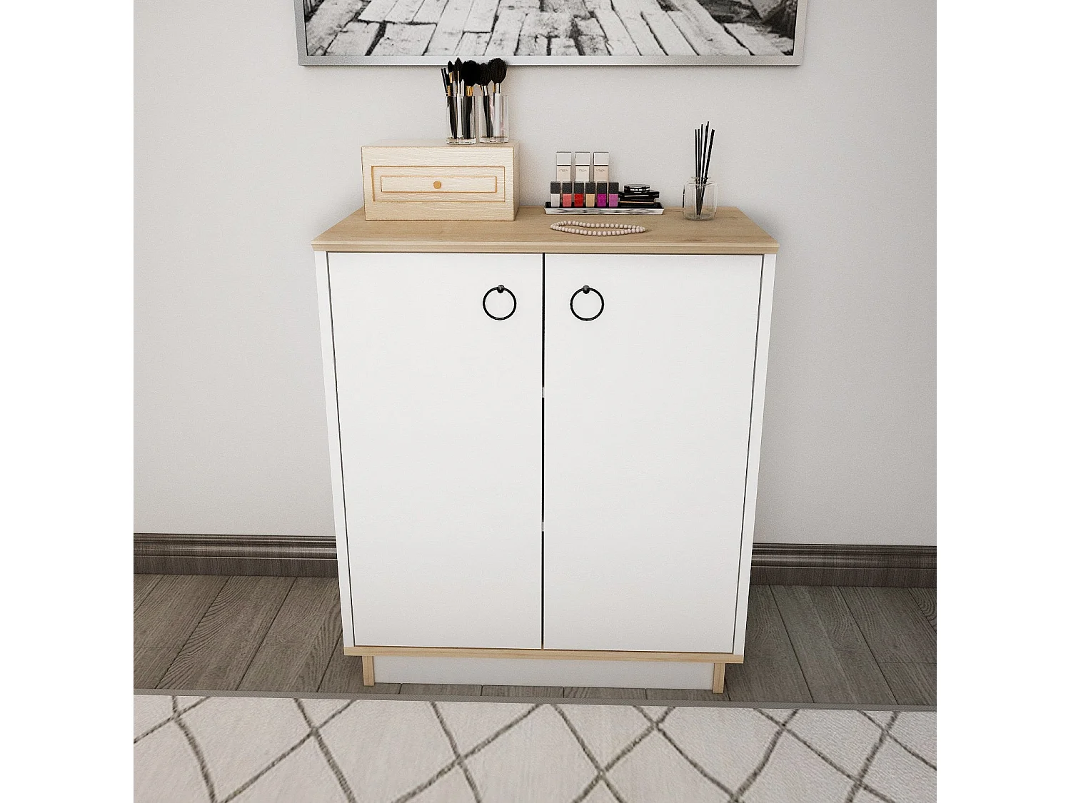 Buffet élégant blanc et chêne, 72 cm x 83,1 cm x 42 cm | Panneau de particules 100 % mélaminé, épaisseur 18 mm | Idéal pour les salons et couloirs mod