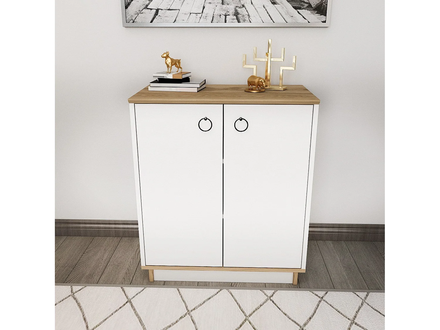 Buffet élégant blanc et chêne, 72 cm x 83,1 cm x 42 cm | Panneau de particules 100 % mélaminé, épaisseur 18 mm | Idéal pour les salons et couloirs mod