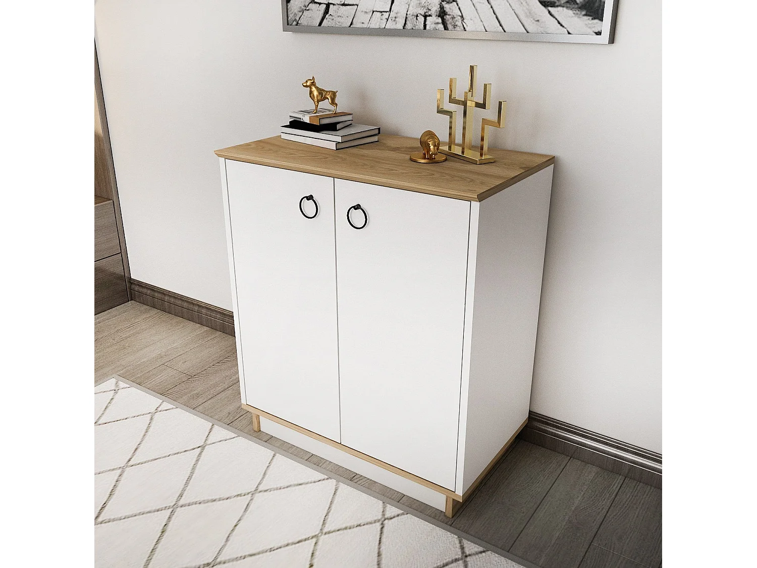 Buffet élégant blanc et chêne, 72 cm x 83,1 cm x 42 cm | Panneau de particules 100 % mélaminé, épaisseur 18 mm | Idéal pour les salons et couloirs mod
