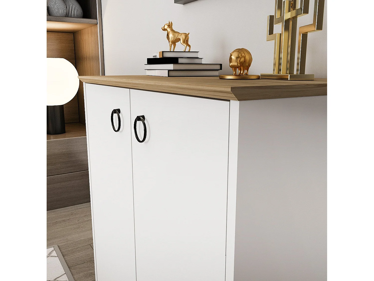 Buffet élégant blanc et chêne, 72 cm x 83,1 cm x 42 cm | Panneau de particules 100 % mélaminé, épaisseur 18 mm | Idéal pour les salons et couloirs mod