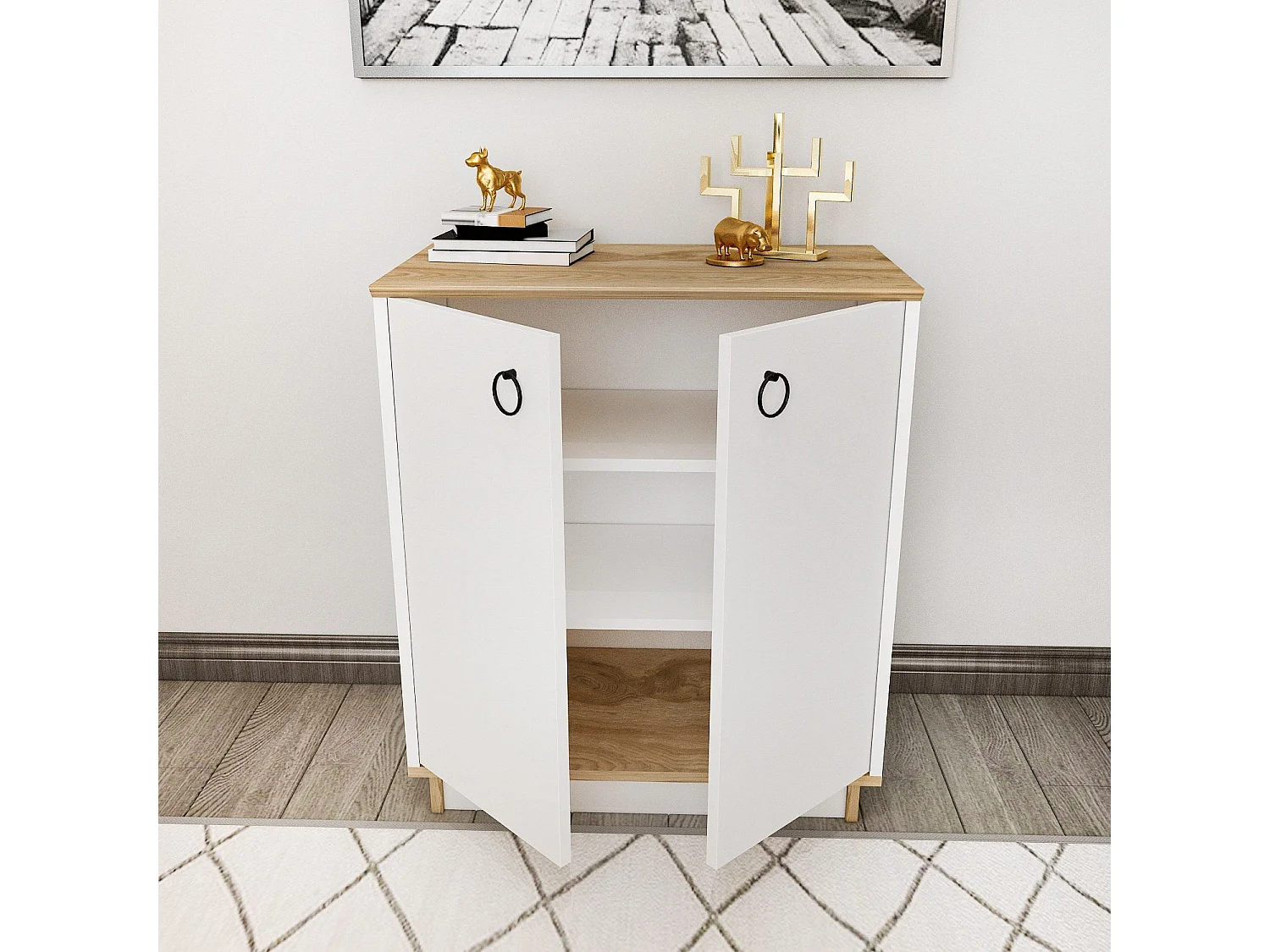Buffet élégant blanc et chêne, 72 cm x 83,1 cm x 42 cm | Panneau de particules 100 % mélaminé, épaisseur 18 mm | Idéal pour les salons et couloirs mod