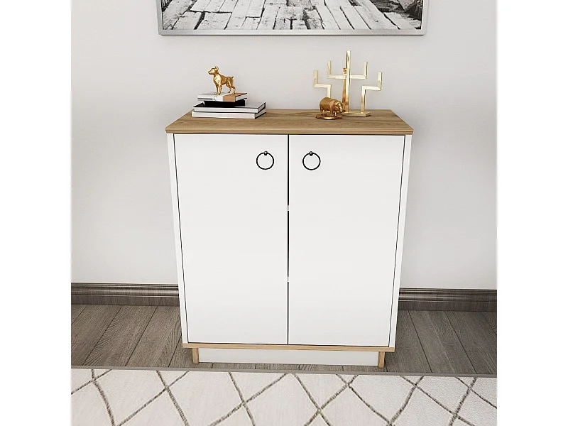 Buffet élégant blanc et chêne, 72 cm x 83,1 cm x 42 cm | Panneau de particules 100 % mélaminé, épaisseur 18 mm | Idéal pour les salons et couloirs mod