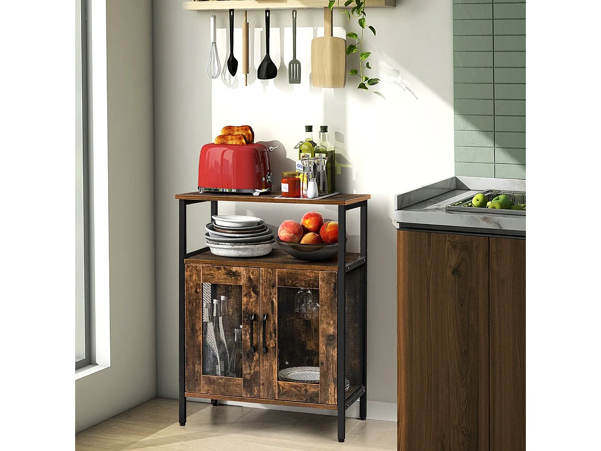 Credenza da cucina in stile industriale con portabottiglie estraibile e portabicchieri, marrone rustico, 60 x 34 x 79 cm