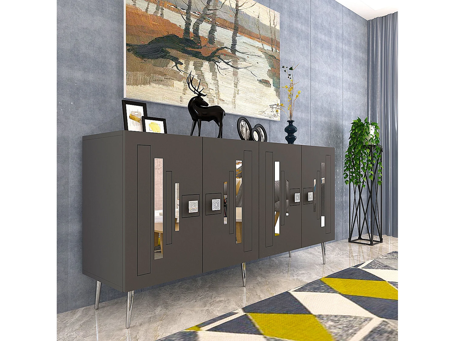 Komoda – 150 cm x 75 cm x 35 cm – Antracyt i srebro – Cząsteczki drewna z melaminą