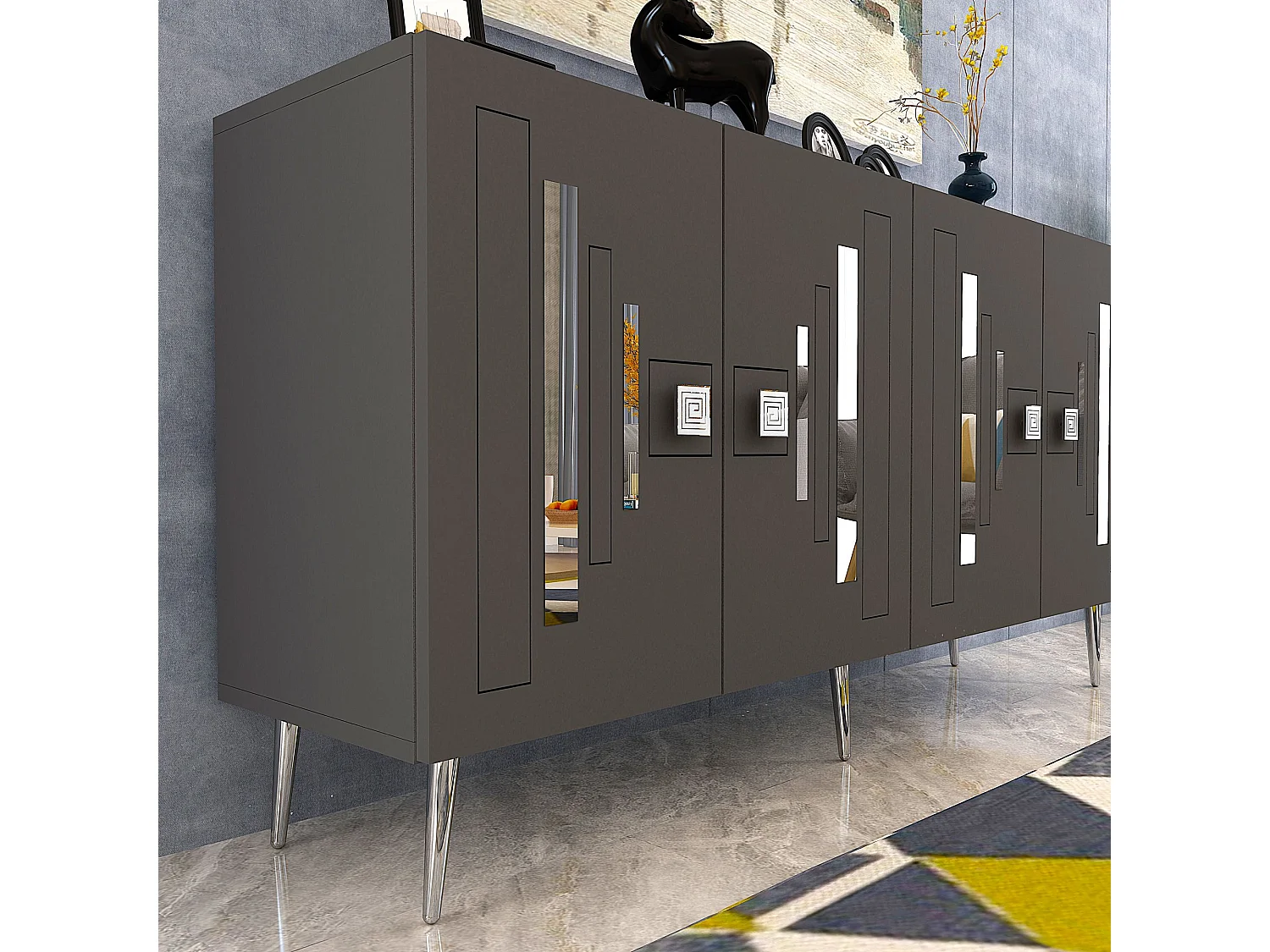 Komoda – 150 cm x 75 cm x 35 cm – Antracyt i srebro – Cząsteczki drewna z melaminą