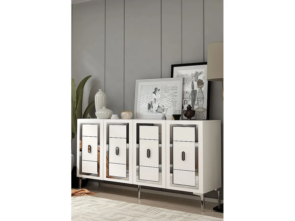 Buffet – 150 cm x 75 cm x 35 cm – Blanc et Argent – ​​MDF